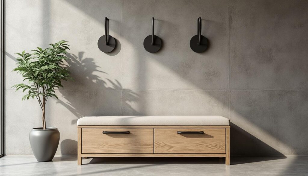 découvrez notre meuble d’entrée fonctionnel alliant banc, rangements et patères pour organiser votre espace avec style et praticité.