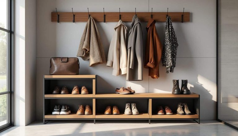 découvrez notre meuble d'entrée pratique qui organise efficacement le rangement des chaussures et manteaux pour un espace accueillant et ordonné.