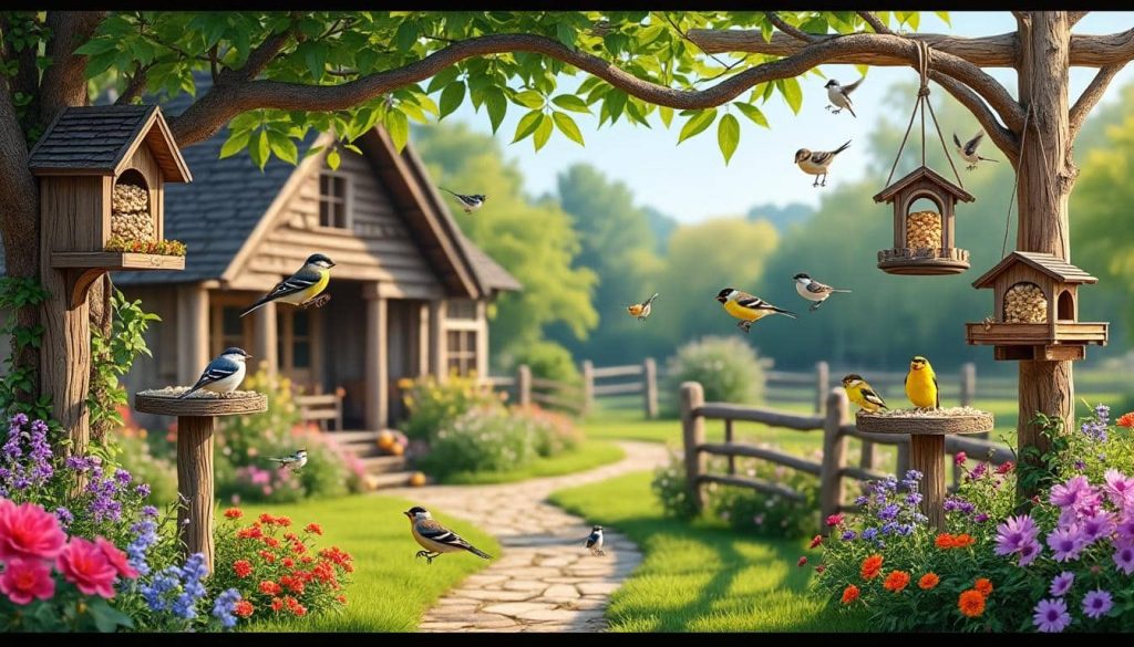 découvrez comment la décoration extérieure campagnarde intègre des mangeoires pour oiseaux pour créer un jardin charmant et naturel.