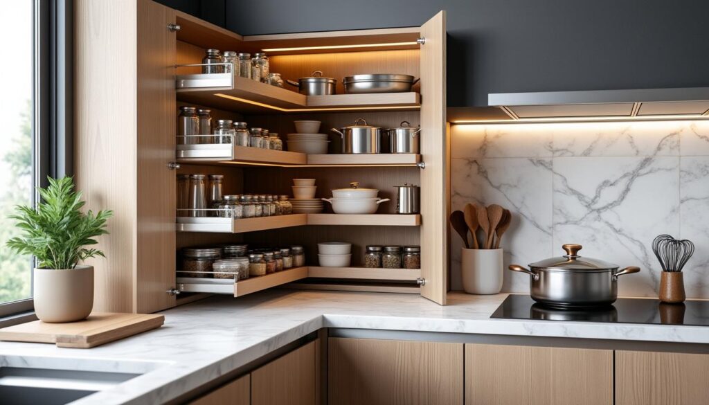 découvrez comment un meuble d'angle peut maximiser l'espace de rangement dans votre petite cuisine, alliant praticité et design pour une organisation optimale.
