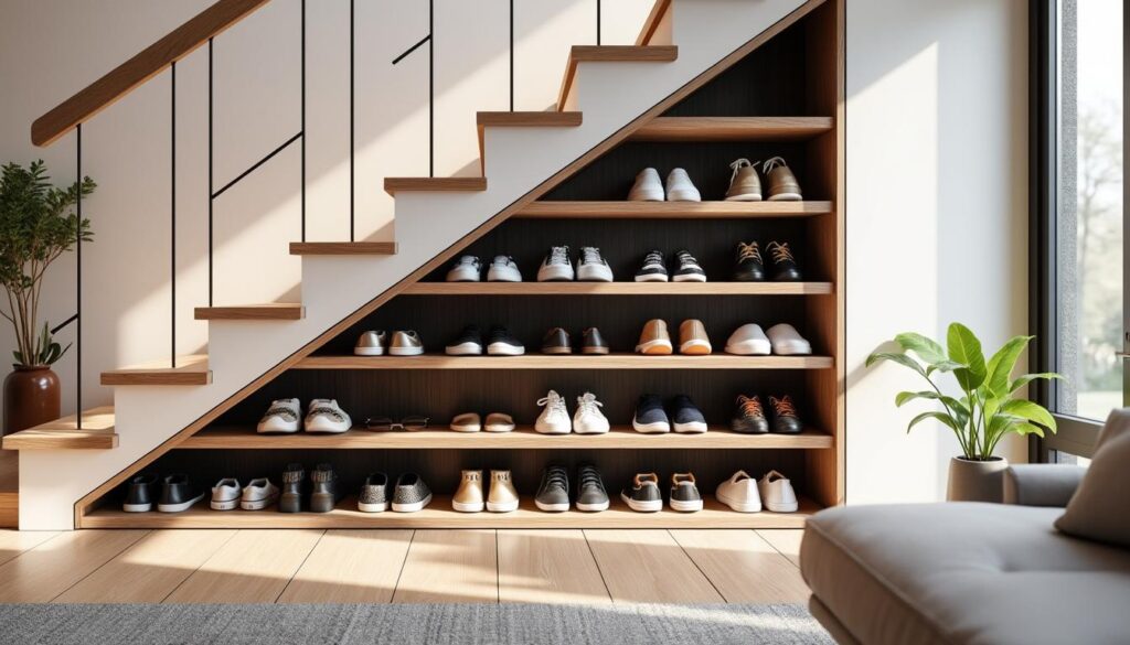découvrez notre meuble de rangement pour chaussures astucieusement dissimulé sous l'escalier, idéal pour optimiser l'espace et organiser votre entrée avec style.