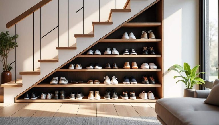 découvrez notre meuble de rangement pour chaussures astucieusement dissimulé sous l'escalier, idéal pour optimiser l'espace et organiser votre entrée avec style.