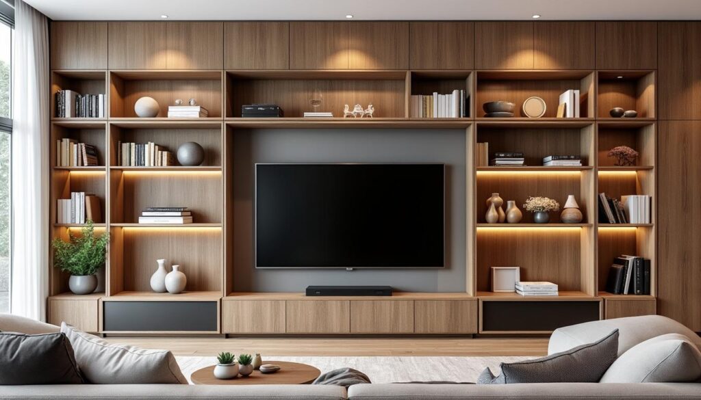 découvrez comment un meuble de télévision s'intègre parfaitement dans une bibliothèque murale complète pour optimiser votre espace et allier fonctionnalité et esthétisme.