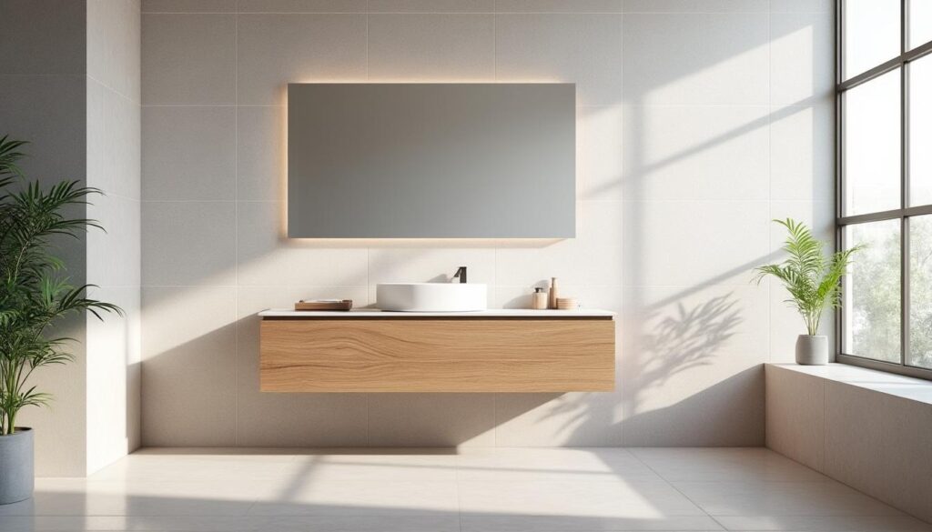 découvrez comment le meuble suspendu en bois optimise l'espace et apporte légèreté à votre salle de bains en libérant le regard.