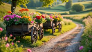 découvrez comment la décoration extérieure campagnarde sublime les espaces avec des charrettes fleuries, apportant charme et authenticité à votre jardin.
