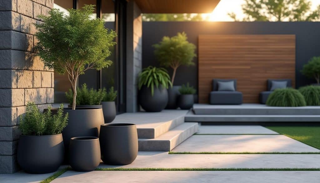 découvrez comment la décoration extérieure sobre met en valeur votre espace avec des pots aux couleurs sombres, pour une ambiance élégante et raffinée.