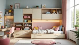 découvrez comment un meuble avec rangement intégré peut optimiser l'espace dans les chambres d'enfants, alliant praticité et design pour un intérieur organisé et fonctionnel.