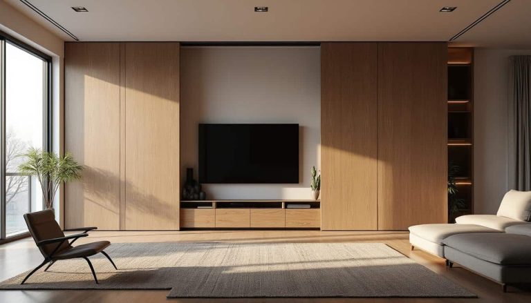 découvrez un meuble de télévision innovant qui se dissimule élégamment derrière des panneaux coulissants, alliant design et fonctionnalité pour un espace de vie épuré.