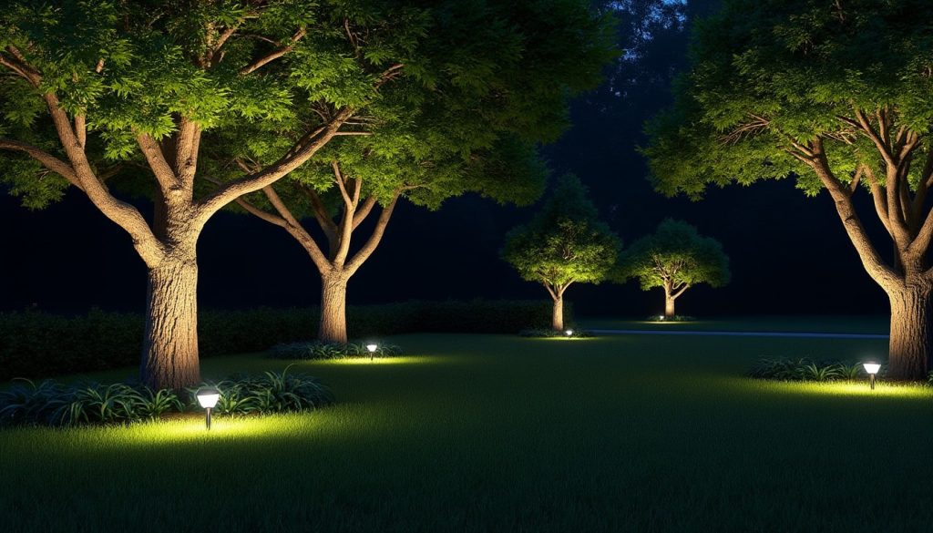 découvrez comment sublimer votre jardin la nuit grâce à la décoration extérieure avec des projecteurs led installés sur les arbres, créant une ambiance magique et accueillante.