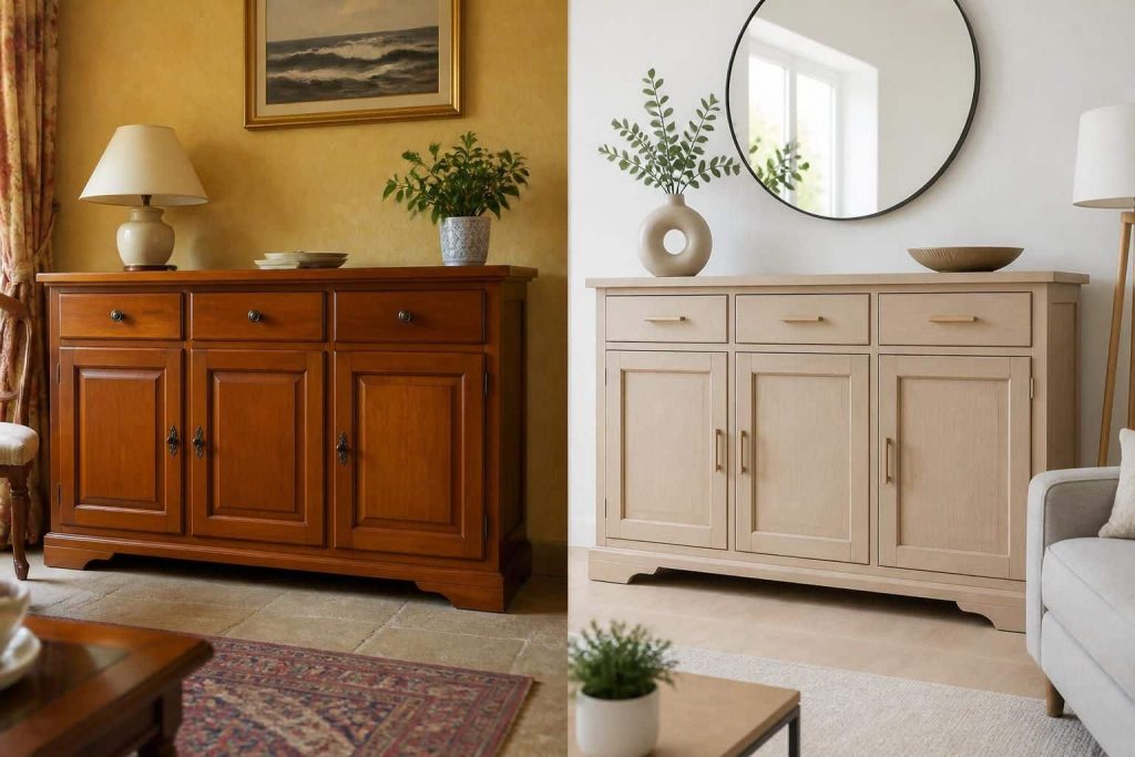 découvrez la transformation spectaculaire d'un intérieur grâce à un relooking de meuble en merisier, avec un avant-après qui met en valeur style et modernité.