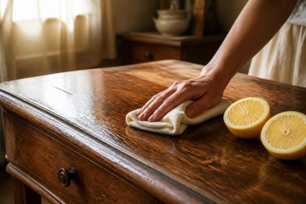 découvrez comment utiliser une astuce naturelle au citron pour nettoyer et raviver un meuble en bois ancien, tout en respectant son authenticité.