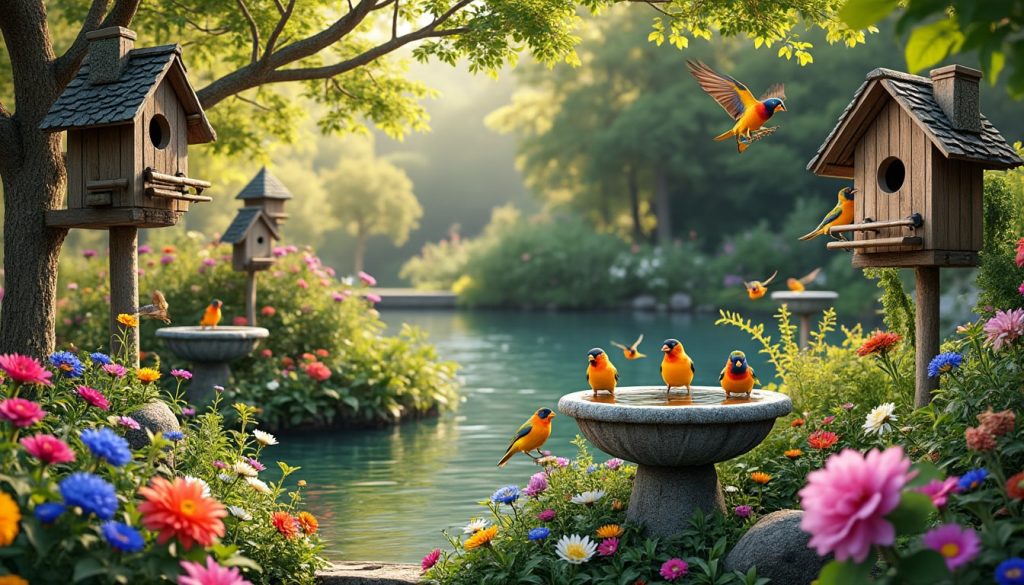 le jardin d'oiseaux installe des nichoirs et des abreuvoirs pour offrir un refuge sécurisé et des ressources vitales aux oiseaux, favorisant ainsi la biodiversité locale.