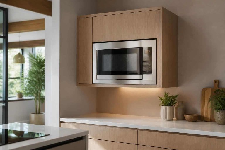 découvrez notre configuration murale qui intègre parfaitement un meuble suspendu dédié au micro-ondes, alliant gain de place et design moderne pour votre cuisine.