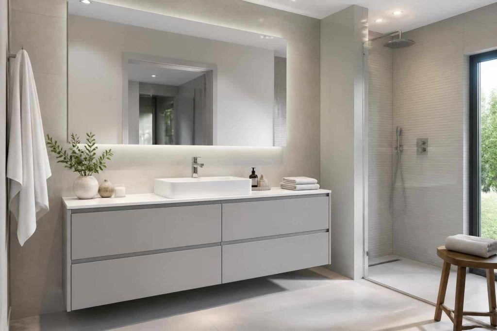 découvrez comment la décoration contemporaine intègre parfaitement le meuble de salle de bain gris clair pour un espace moderne et élégant.