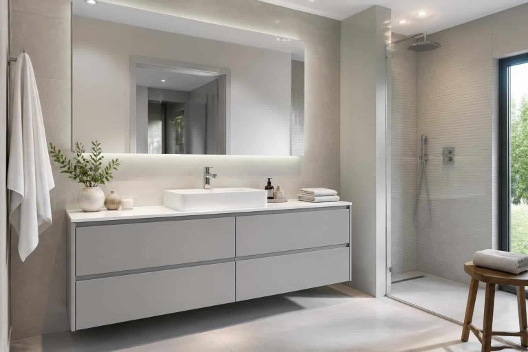 découvrez comment la décoration contemporaine intègre parfaitement le meuble de salle de bain gris clair pour un espace moderne et élégant.