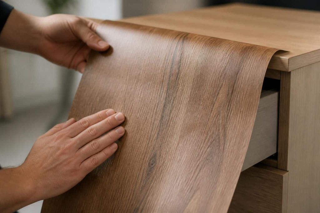 découvrez comment la pose d'un revêtement transforme un meuble adhésif en un élégant effet bois, apportant chaleur et style à votre intérieur.