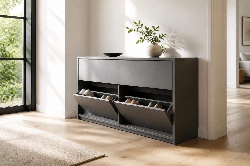 découvrez un meuble à chaussures gris au design moderne, sublimé par une teinte neutre qui s'intègre parfaitement à votre intérieur.