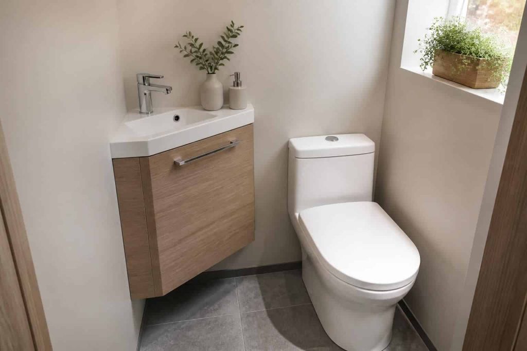 optimisez l'espace de vos toilettes avec un meuble lave-main d'angle, intégrant fonctionnalité et design pour un agencement pratique et esthétique.