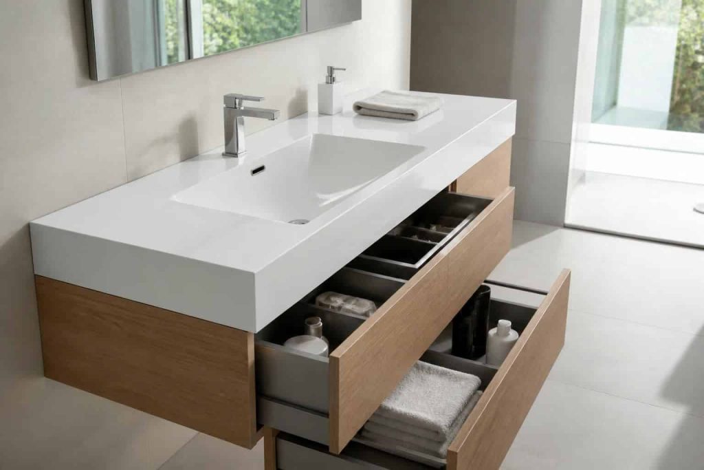 découvrez comment l'aménagement global optimise votre salle de bain en combinant un évier et un meuble pour allier fonctionnalité et esthétique.