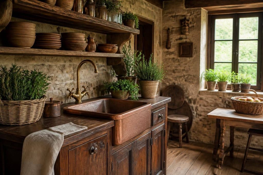 découvrez comment l'aménagement rustique s'harmonise parfaitement avec un meuble pour évier timbre, alliant charme traditionnel et fonctionnalité dans votre cuisine.