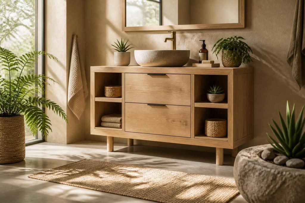 découvrez un meuble de salle de bain en bois naturel de maison du monde, alliant authenticité et élégance pour une ambiance chaleureuse et écologique dans votre intérieur.
