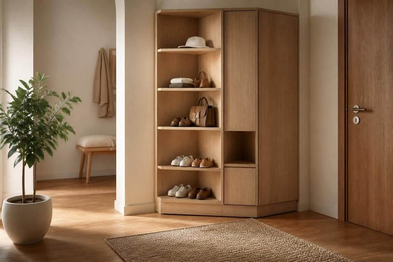 optimisez l'espace de votre entrée avec un meuble à chaussures d'angle, pratique et élégant, pour garder vos chaussures bien rangées et votre intérieur ordonné.