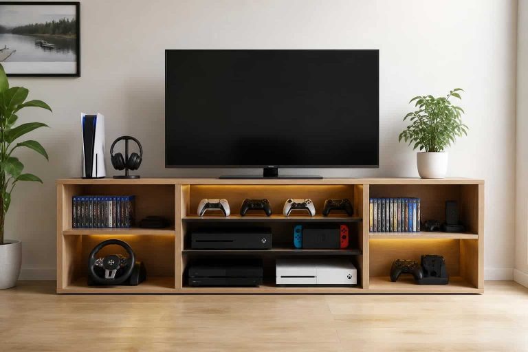 organisez votre coin multimédia efficacement avec un meuble spécialement conçu pour ranger vos jeux vidéo et accessoires.