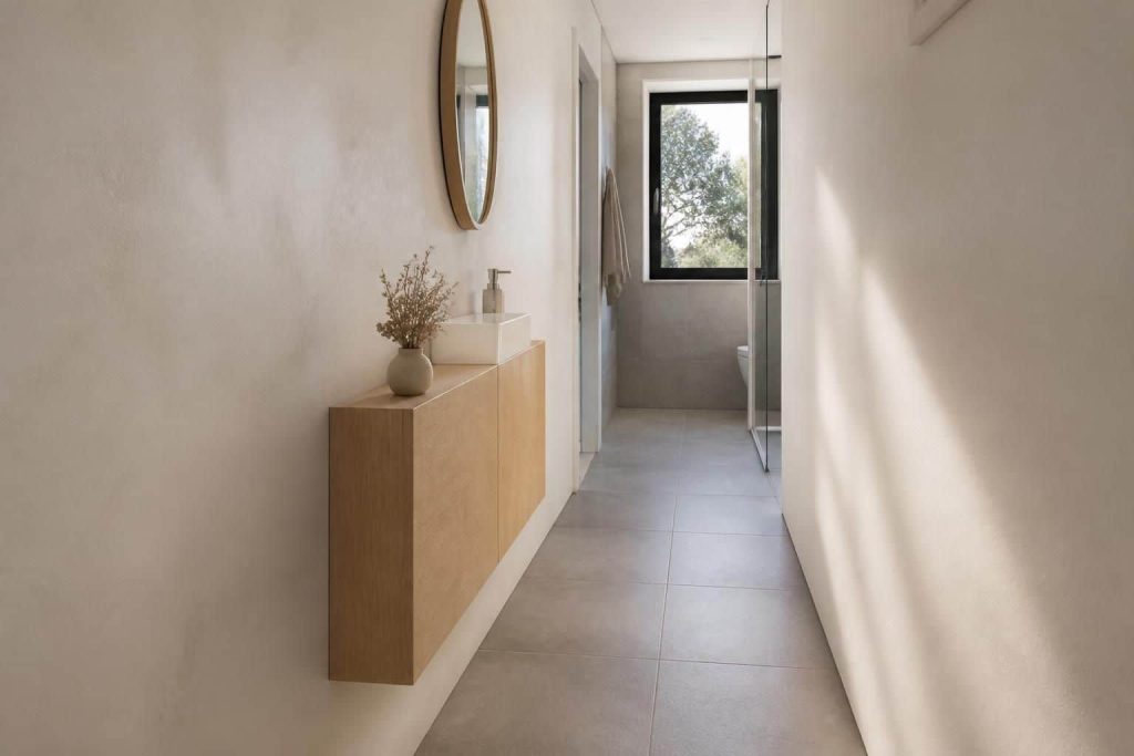 découvrez comment optimiser un couloir étroit grâce à un meuble de salle de bain d'une profondeur de 20 cm, alliant fonctionnalité et design compact.