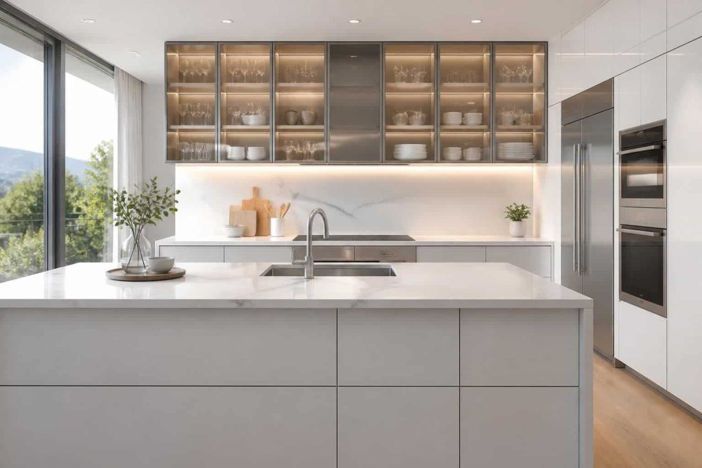découvrez comment le design de cuisine moderne intègre des meubles hauts vitrés pour allier esthétique et fonctionnalité dans votre espace culinaire.