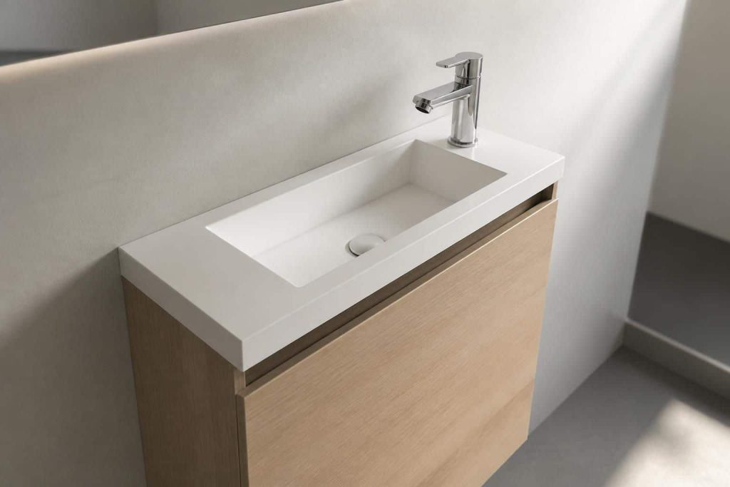 découvrez notre lavabo compact intégré dans un meuble vasque de 30 cm de profondeur, idéal pour optimiser l'espace tout en alliant design et fonctionnalité dans votre salle de bains.
