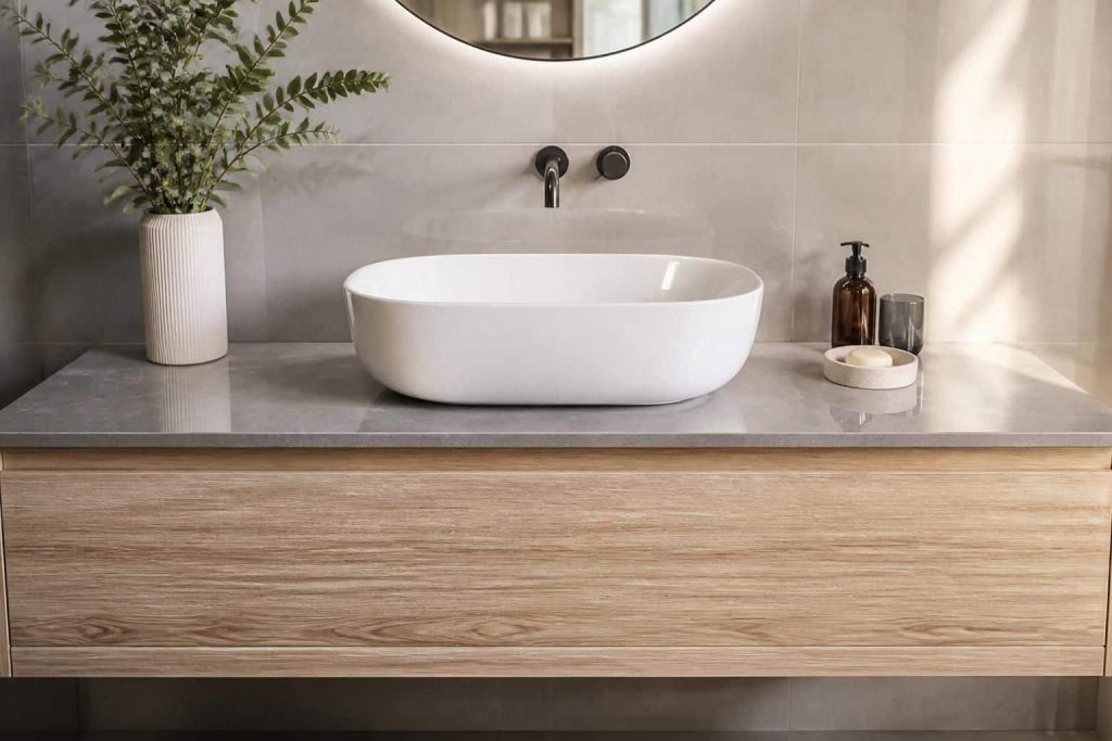 découvrez comment le plan de travail intègre harmonieusement le meuble de vasque pour une salle de bain fonctionnelle et esthétique.