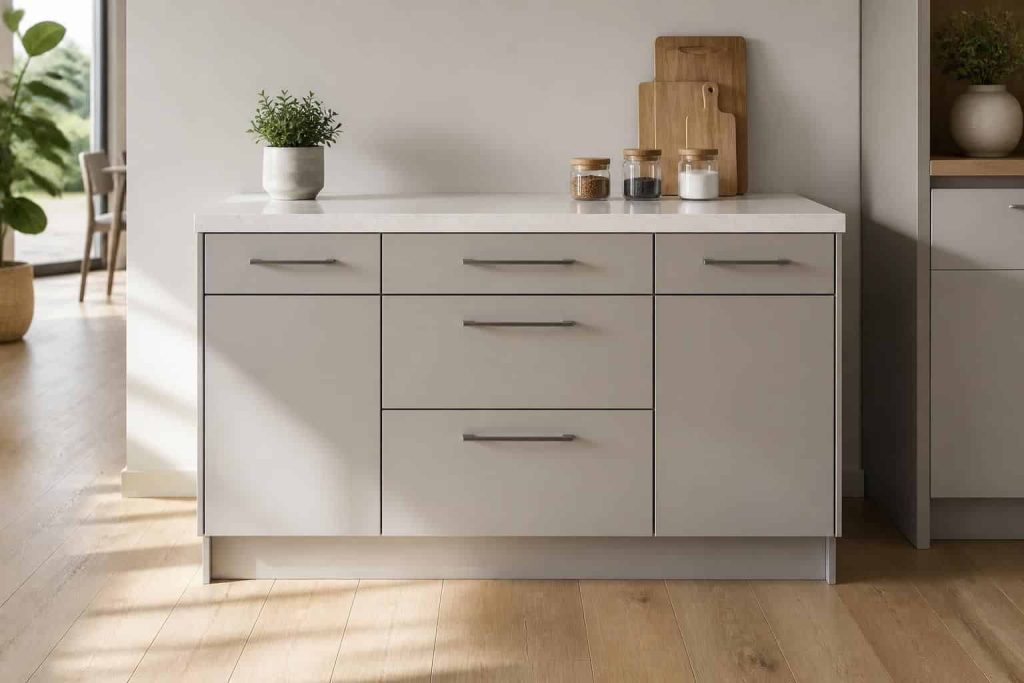 découvrez un meuble bas de cuisine de 100 cm avec plan de travail, conçu pour un rangement optimisé et une organisation efficace dans votre espace culinaire.