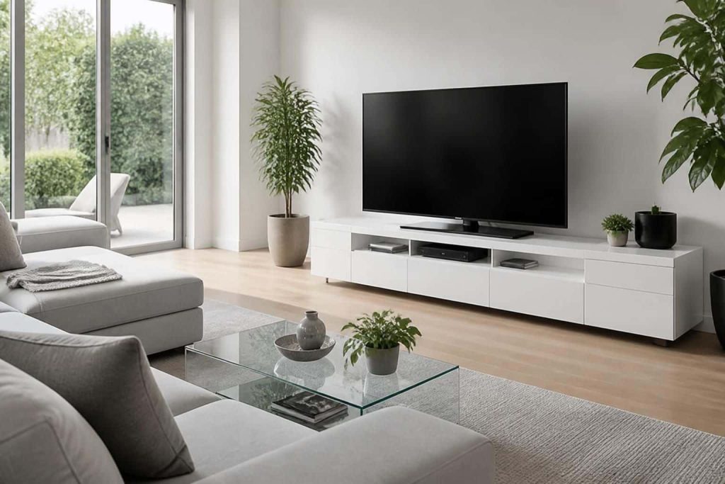 découvrez un salon moderne équipé d'un meuble tv but blanc, alliant style contemporain et fonctionnalité pour un espace de vie élégant et pratique.