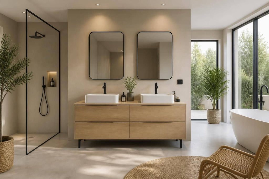 découvrez comment le volume d'une grande salle d'eau s'harmonise parfaitement avec un meuble de salle de bain de 140 cm, alliant espace et esthétique pour une décoration réussie.