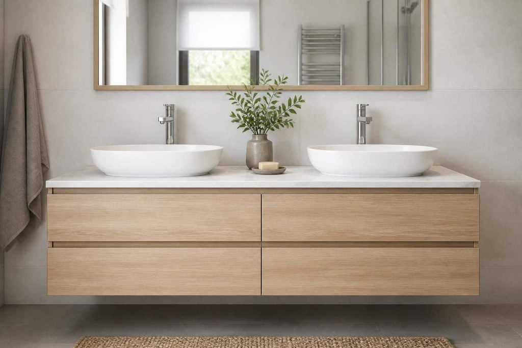 découvrez notre meuble salle de bain 120 cm avec double vasque, idéal pour équiper votre espace familial alliant praticité et élégance.
