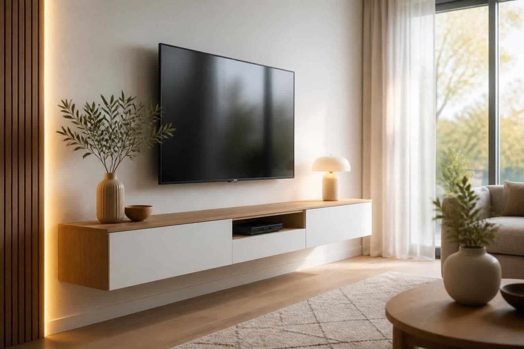 découvrez comment un meuble télé suspendu blanc et bois incarne l'esthétique moderne, alliant élégance et fonctionnalité pour sublimer votre intérieur.
