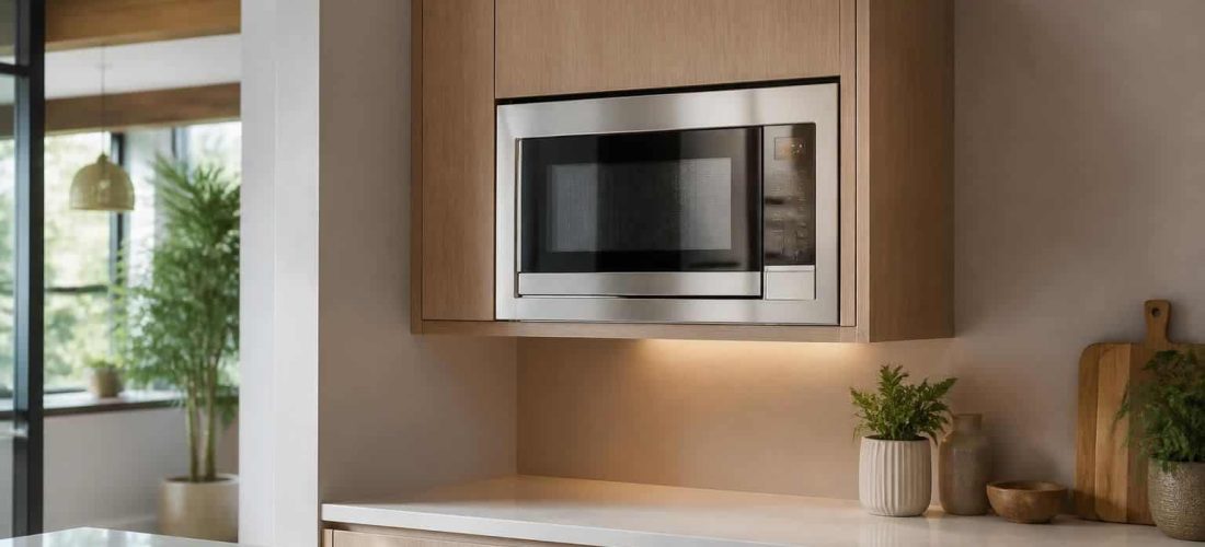 découvrez notre configuration murale qui intègre parfaitement un meuble suspendu dédié au micro-ondes, alliant gain de place et design moderne pour votre cuisine.