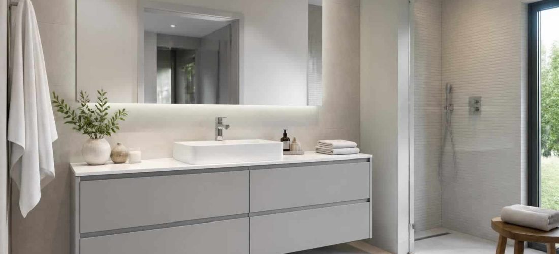 découvrez comment la décoration contemporaine intègre parfaitement le meuble de salle de bain gris clair pour un espace moderne et élégant.