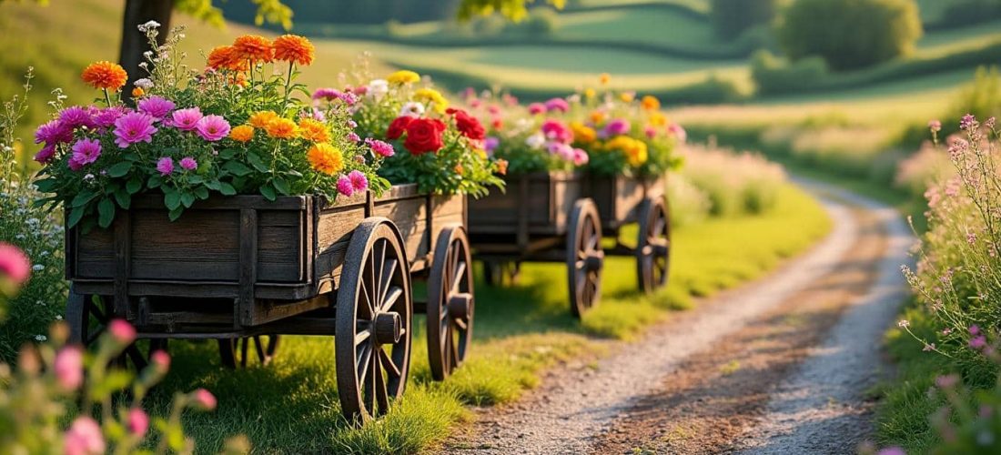 découvrez comment la décoration extérieure campagnarde sublime les espaces avec des charrettes fleuries, apportant charme et authenticité à votre jardin.