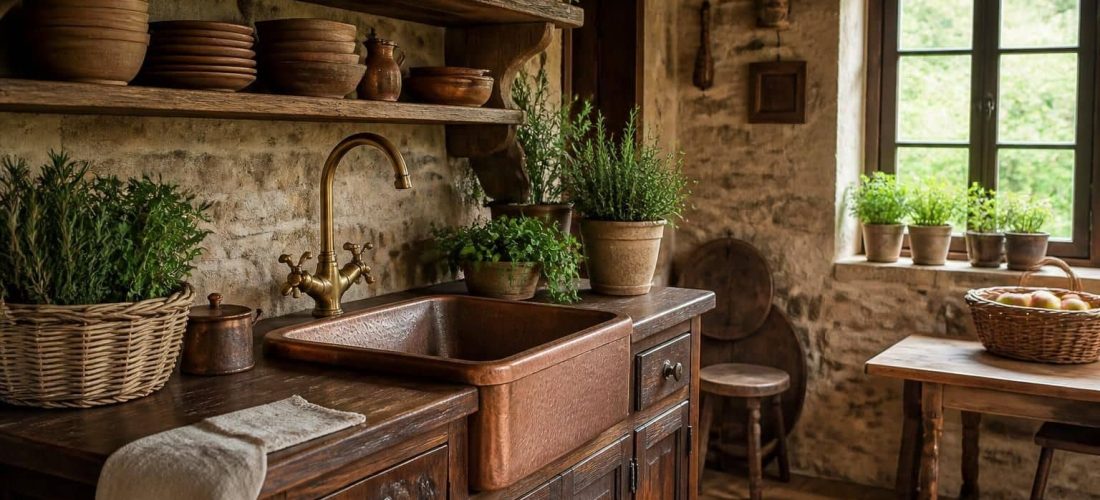 découvrez comment l'aménagement rustique s'harmonise parfaitement avec un meuble pour évier timbre, alliant charme traditionnel et fonctionnalité dans votre cuisine.