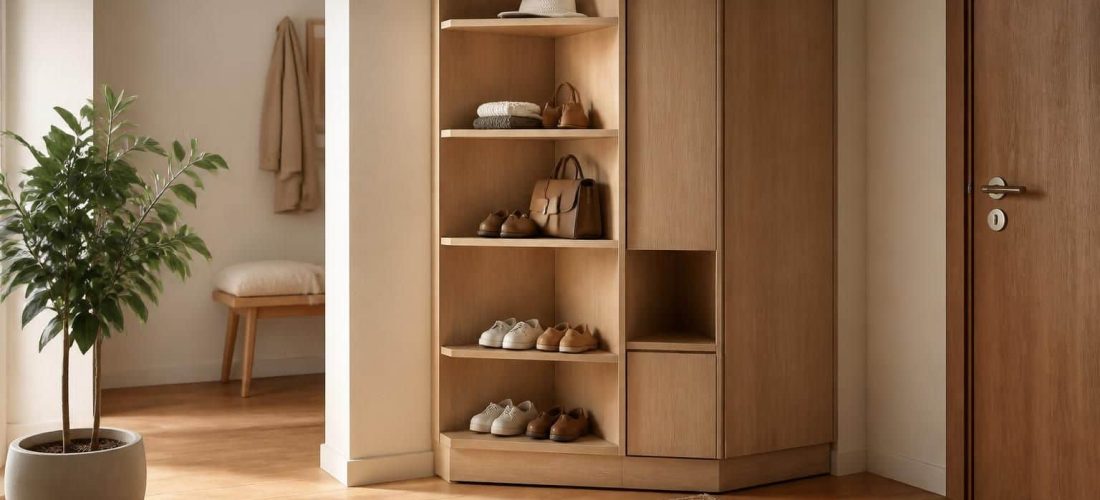 optimisez l'espace de votre entrée avec un meuble à chaussures d'angle, pratique et élégant, pour garder vos chaussures bien rangées et votre intérieur ordonné.