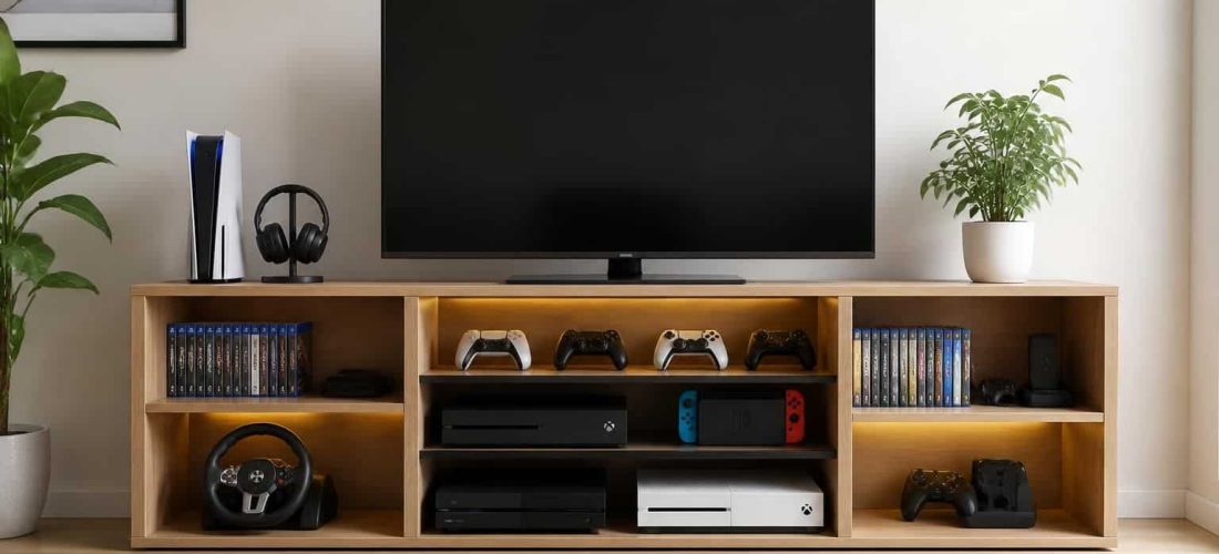 organisez votre coin multimédia efficacement avec un meuble spécialement conçu pour ranger vos jeux vidéo et accessoires.