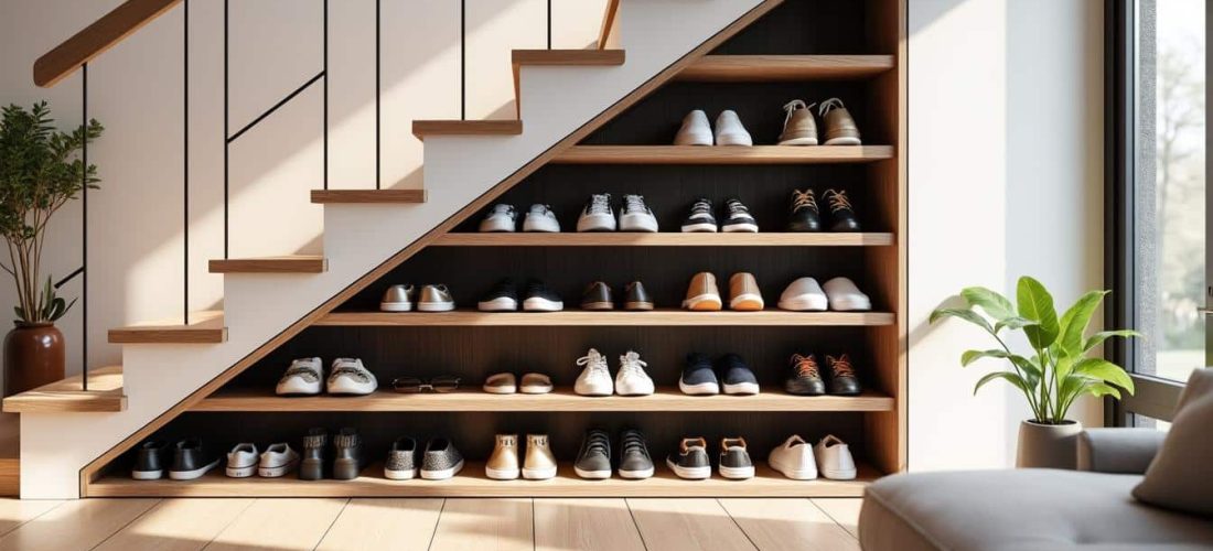 découvrez notre meuble de rangement pour chaussures astucieusement dissimulé sous l'escalier, idéal pour optimiser l'espace et organiser votre entrée avec style.