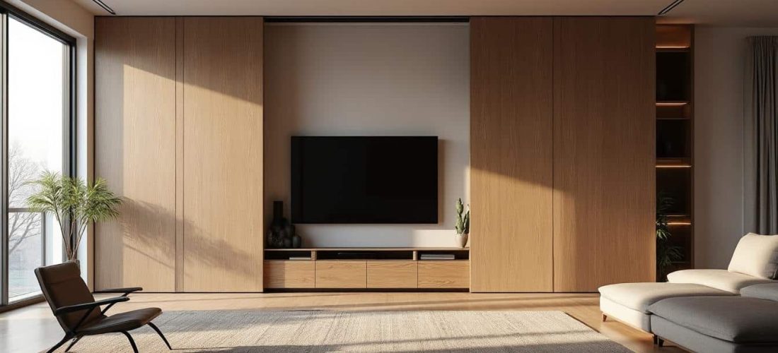découvrez un meuble de télévision innovant qui se dissimule élégamment derrière des panneaux coulissants, alliant design et fonctionnalité pour un espace de vie épuré.