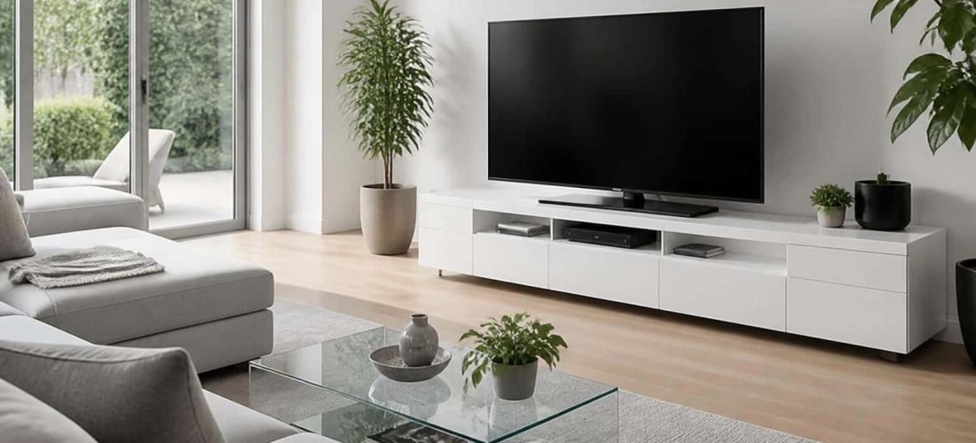 découvrez un salon moderne équipé d'un meuble tv but blanc, alliant style contemporain et fonctionnalité pour un espace de vie élégant et pratique.